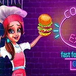 女性シェフがハンバーガーを持っており、背景にはネオンサインで装飾された「Cooking Express」という文字がある。