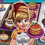 金髪のキャラクターが、キッチンで鍋やパンケーキを持って笑顔で立っている。