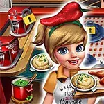 若い女性がキッチンで料理を運ぶ様子。