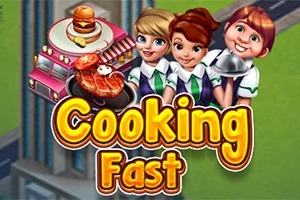3人のキャラクターが並んで立ち、右にバーガーとステーキ料理がある色彩豊かなイラスト。