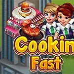 3人のキャラクターが並んで立ち、右にバーガーとステーキ料理がある色彩豊かなイラスト。