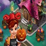 赤い帽子をかぶった女性がジャック・オ・ランタンを持っている前景と、ピンクの屋根の家と魔女の鍋があるハロウィンの装飾が施された庭の風景。