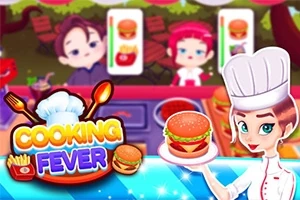 女性シェフがハンバーガーを持っているイラストで、背景には顧客が並んでいる。