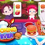 女性シェフがハンバーガーを持っているイラストで、背景には顧客が並んでいる。