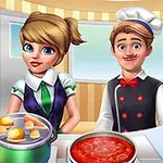 キッチンで料理をしている女性とシェフの男性。