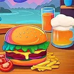 色鮮やかなハンバーガーとポテト、トマトスライスが木製のテーブルに置かれ、背景には湖と山、そして飲み物が見える。