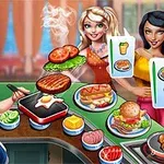 青い帽子をかぶった女性シェフが調理台で料理を作り、二人の女性客が注文を待っているシーン。
