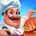 シェフのイラストが青い背景でフライ返しと肉を持っている。