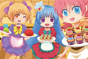 3人のアニメ風キャラクターが料理を手に持って微笑んでいる。