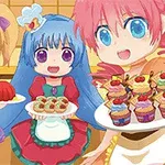 3人のアニメ風キャラクターが料理を手に持って微笑んでいる。