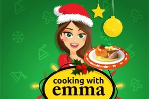 緑色の背景にサンタ帽をかぶった女性が料理を持っているイラスト。