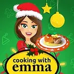 緑色の背景にサンタ帽をかぶった女性が料理を持っているイラスト。