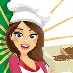 女性シェフが大きなケーキを持って立っており、背景にはイタリアの国旗があります。