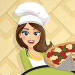 女性シェフがピザを手に持っているイラスト。