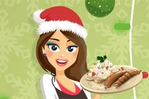 サンタ帽をかぶった女性が料理を盛り付けた皿を持って微笑んでいるイラスト。