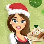 サンタ帽をかぶった女性が料理を盛り付けた皿を持って微笑んでいるイラスト。