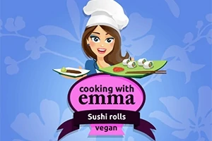 青い背景にシェフ帽をかぶった女性のキャラクターが寿司と料理のプレートを持っているイラスト。