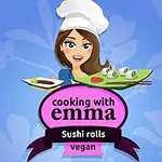 青い背景にシェフ帽をかぶった女性のキャラクターが寿司と料理のプレートを持っているイラスト。