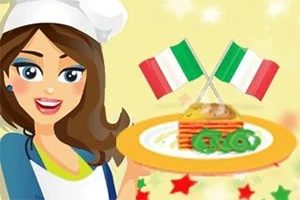 女性シェフがイタリア国旗とともに皿に盛られたラザニアを持っているイラスト。