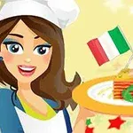 女性シェフがイタリア国旗とともに皿に盛られたラザニアを持っているイラスト。