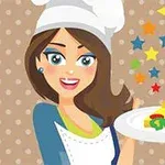 シェフの帽子をかぶった女性が星が舞う中で、デザートの乗った白いお皿を持って微笑んでいるイラスト。