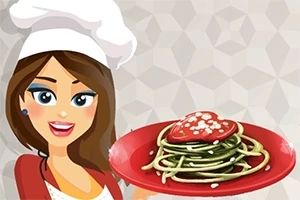 女性シェフが赤い皿に乗ったハート型トマトソースのスパゲッティを持っているイラスト。