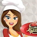 女性シェフが赤い皿に乗ったハート型トマトソースのスパゲッティを持っているイラスト。