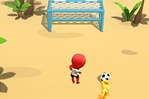 砂浜で赤いキャラクターが炎をまとったサッカーボールをゴールに向かって蹴っている。