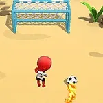砂浜で赤いキャラクターが炎をまとったサッカーボールをゴールに向かって蹴っている。