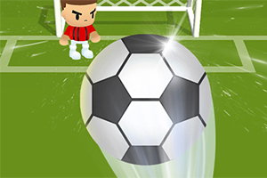 サッカー場でゴール前に立つキャラクターと大きなサッカーボール。