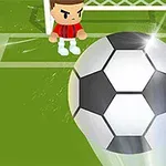 サッカー場でゴール前に立つキャラクターと大きなサッカーボール。