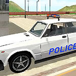 白いパトカーの横に立つ警察官の3Dキャラクター。