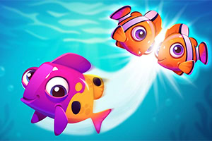 カラフルなピンクとオレンジの魚が海を泳いでいるイラスト。