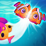 カラフルなピンクとオレンジの魚が海を泳いでいるイラスト。
