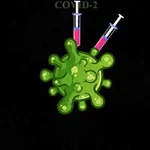 緑色のウイルスのイラストに、2本の注射器が刺さっている。
