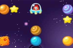 宇宙を背景にUFOとカラフルな惑星や星が浮かんでいるイラスト。