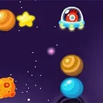 宇宙を背景にUFOとカラフルな惑星や星が浮かんでいるイラスト。