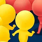 黄色と赤色のキャラクターたちが走っているイラスト。