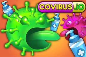 緑色と紫色のウイルスが消毒液のボトルに囲まれているイラスト。