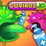 緑色と紫色のウイルスが消毒液のボトルに囲まれているイラスト。