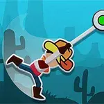 カウボーイのキャラクターが、背景にサボテンと丘が描かれた青い空の中でフックを飛ばしている。