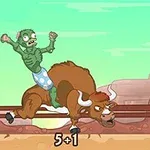 緑色のゾンビが水玉模様のパンツをはいて牛の背中に乗り、帽子が空中に飛んでいる。