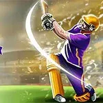 紫色のユニフォームを着たクリケット選手がバットを振る姿とトーナメントロゴが描かれている。
