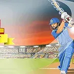 クリケットのユニフォームを着た選手がバットを振っているスタジアムのイラスト。