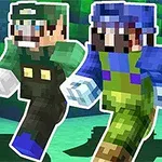 ピクセルスタイルのキャラクターが緑、青、赤色の服を着て走っている様子。