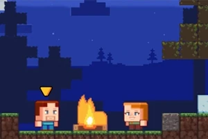 ブロック状のキャラクター二人が夜の森で焚き火の横にいる。