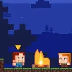 ブロック状のキャラクター二人が夜の森で焚き火の横にいる。