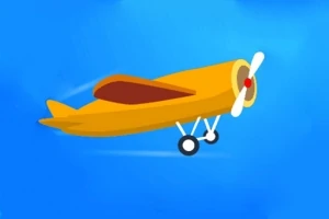 青空を背景にオレンジ色のプロペラ飛行機が飛んでいるイラスト。