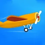 青空を背景にオレンジ色のプロペラ飛行機が飛んでいるイラスト。