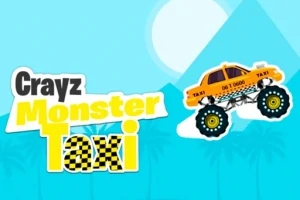 青空の背景に黄色のモンスタートラックタクシーと「Crayz Monster Taxi」のロゴ。